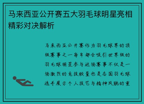 马来西亚公开赛五大羽毛球明星亮相精彩对决解析